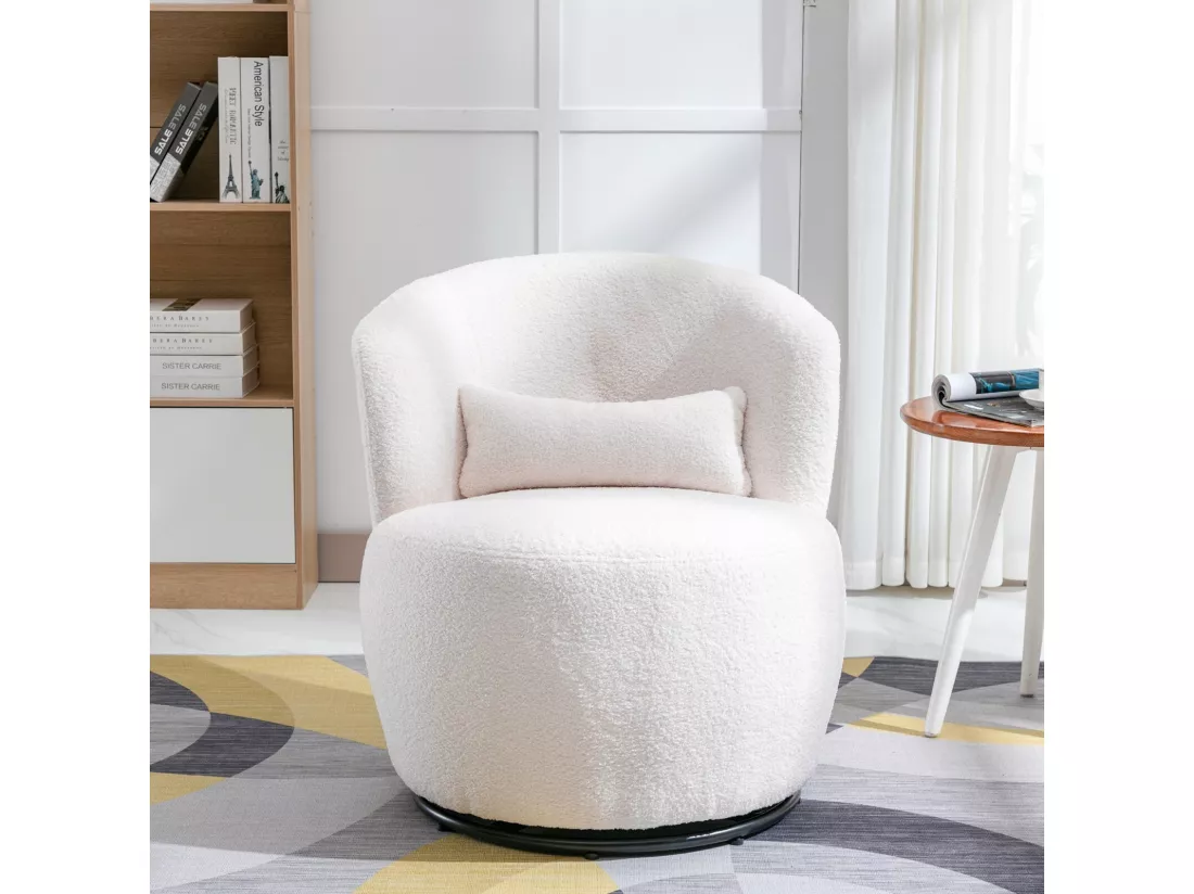 Fauteuil pivotant en tissu peluche blanc avec oreiller de lombaire et pied métal - Max 100kg - 65x65x73cm