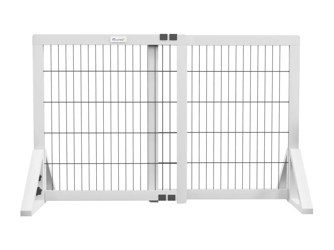 Barrière de sécurité pour chien, barrière de protection à 2 panneaux largeur réglable 63-106L x 44l x 67H cm, barrière pour escalier, porte, couloirs, en bois de pin et acier, blanc