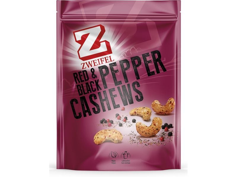 Zweifel Beutel Cashews Red & Black Pepper 115 g Würzig scharfe Cashew Nüsse in wiederverschliessbarem Beutel