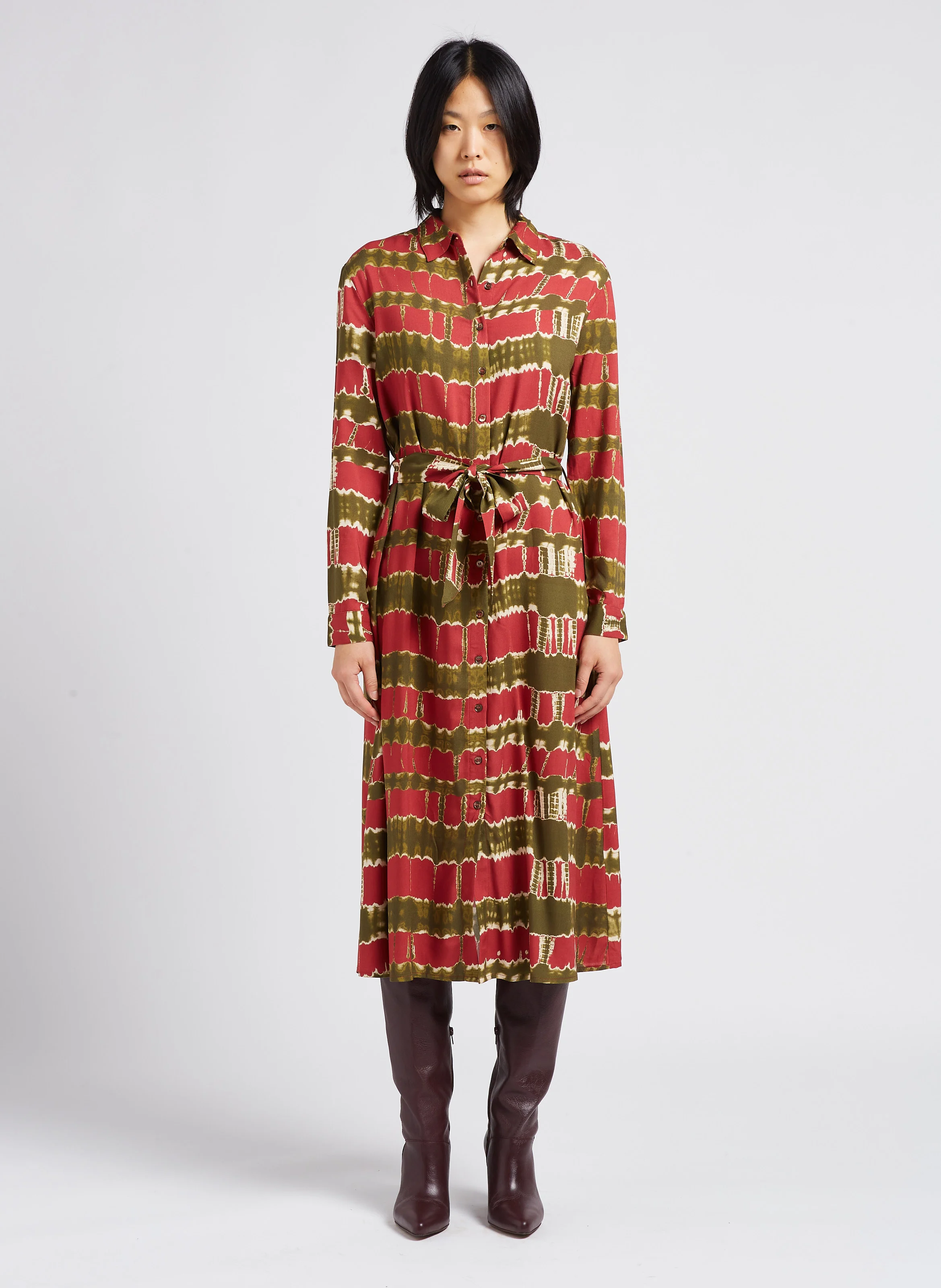 GAIA - Robe midi col classique imprimé tiedye | Rose