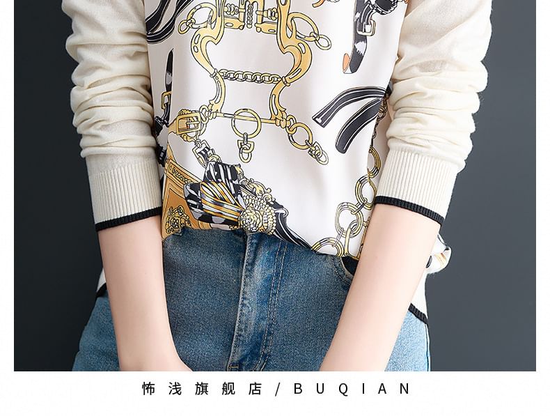 Kwuartz - Gebreide top met lange mouwen, ronde hals en print en contrasterende bies