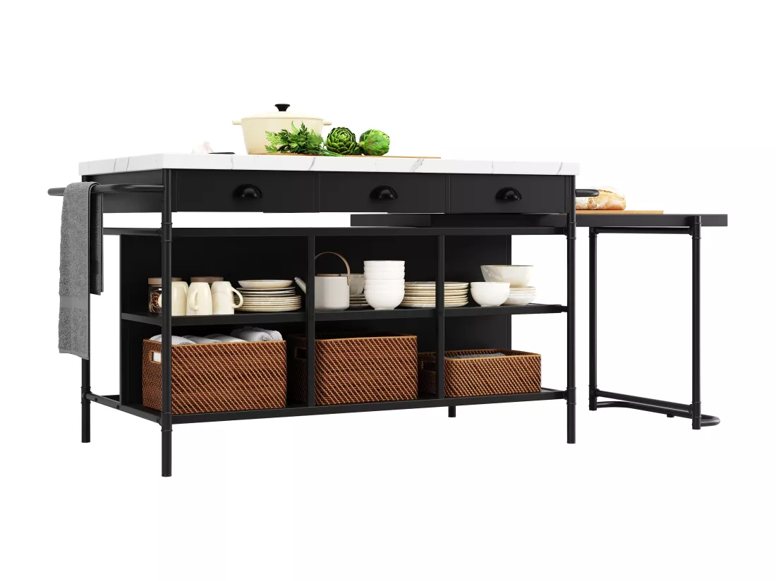 Ensemble Ilot central de cuisine + 4 chaises avec 3 tiroirs et étagères - 128.6 x 71.9 x 90 cm - Plateau extensible - MDF + métal - Noir