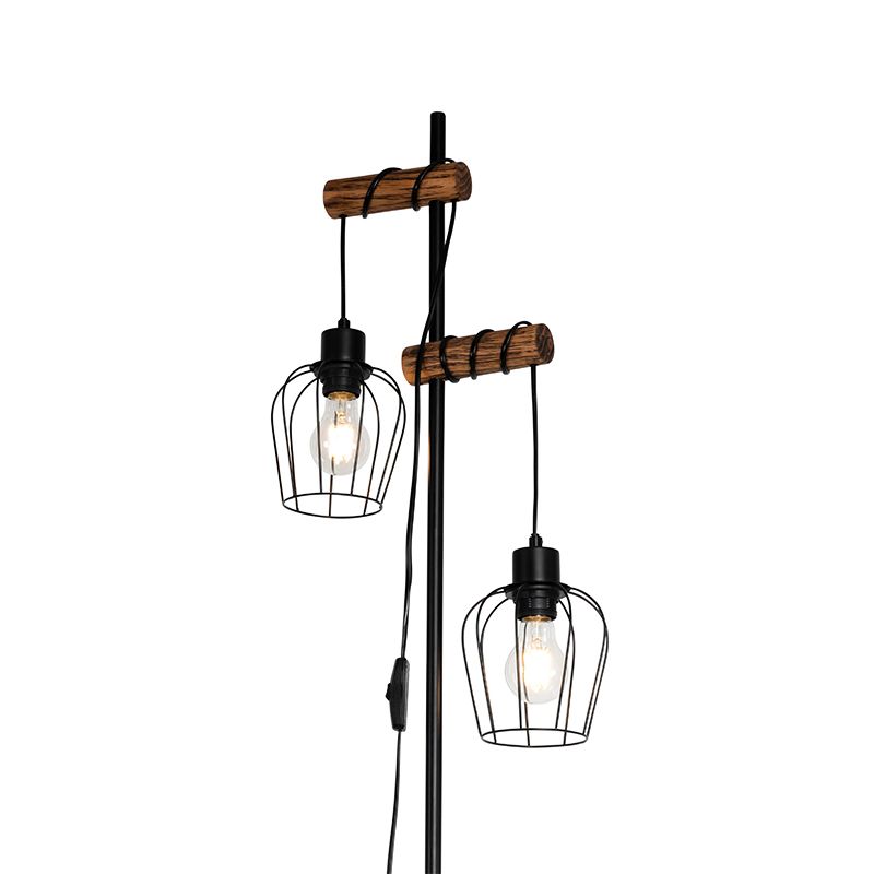 Landelijke vloerlamp zwart met hout 2-lichts - Stronk