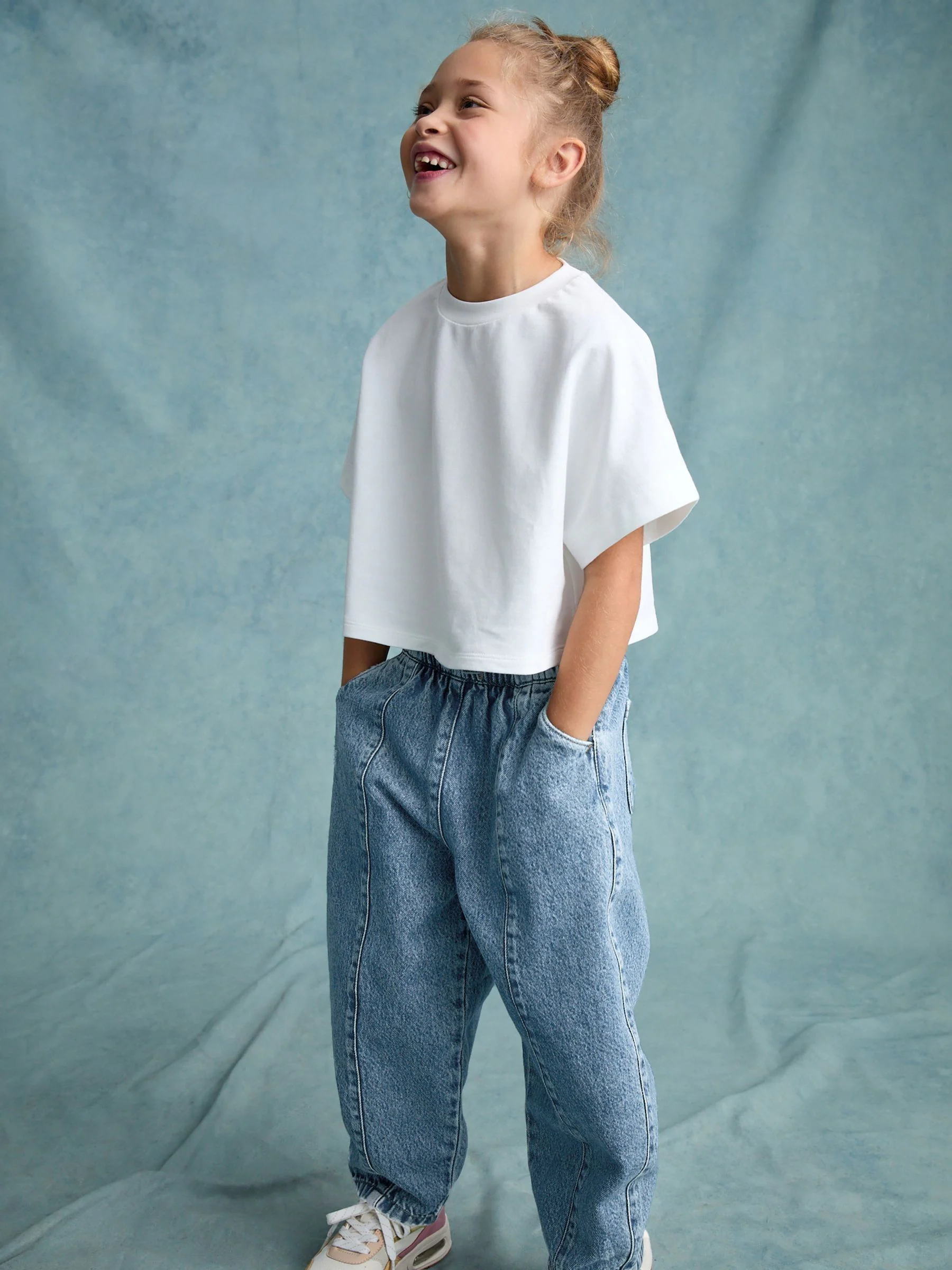 Middenblauw denim - Barrel jeans met elastische taille (3-16jr)