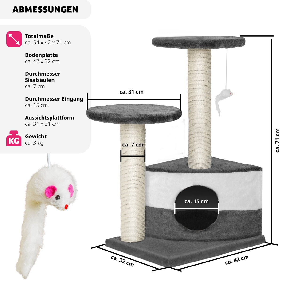 tectake kattenboom Tommy 71 cm inclusief speelgoedmuis