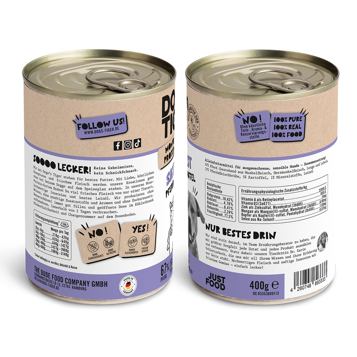 Dogs’n Tiger Adult Hundefutter, Nassfutter, Sattelfest, hypoallergen, Monoprotein, Pferd & Kartoffel