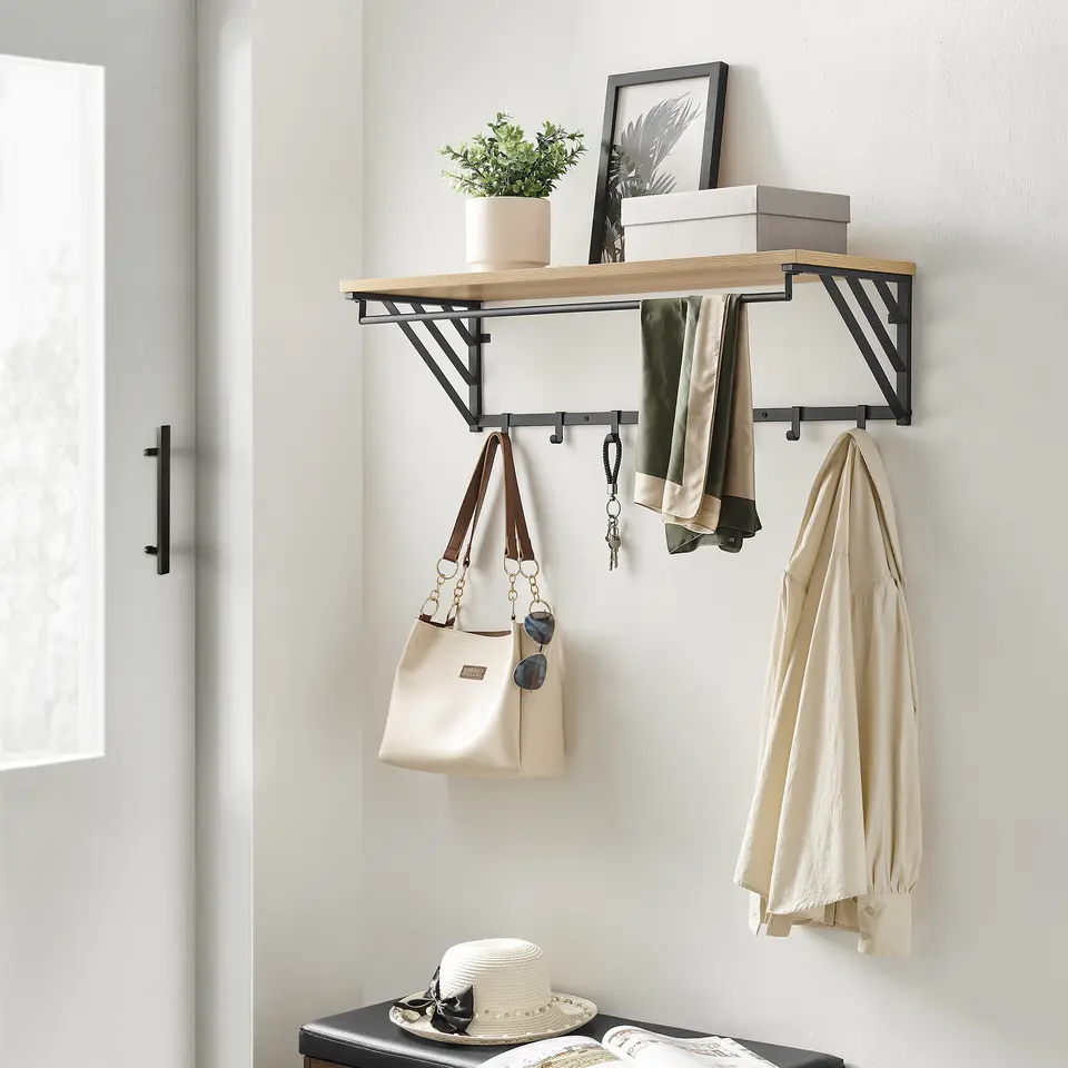 Wandkapstok - industriële look - 7 haken - 90x26x30 cm - lichte eik