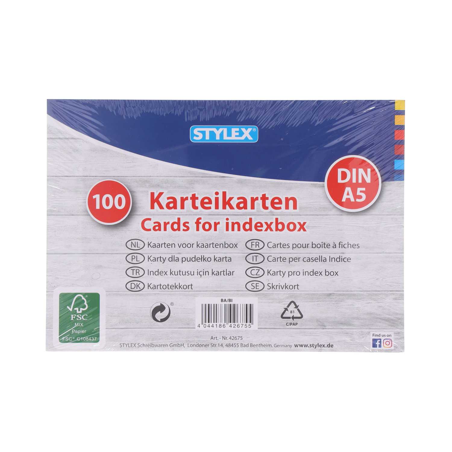 STYLEX® Karteikarten DIN A5 weiß linert 100er