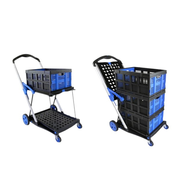 (115x60cm) 2 Etagen Klappbarer Einkaufswagen Transportbox Shopping Kiste Plattformwagen Sackkarre mit Rädern - Schwarz / Blau