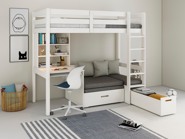 Lüttenhütt Etagenbett »HENNE' TOPSELLER! Hochbett, Ideal für kleine Räume, 2 Schlafplätze« zweiter Schlafplatz ausziehbar, B/H/T ca. 208/180/105cm,  mit Polsterauflagen+ Schreibtisch + Stauraum, mehrere Farben