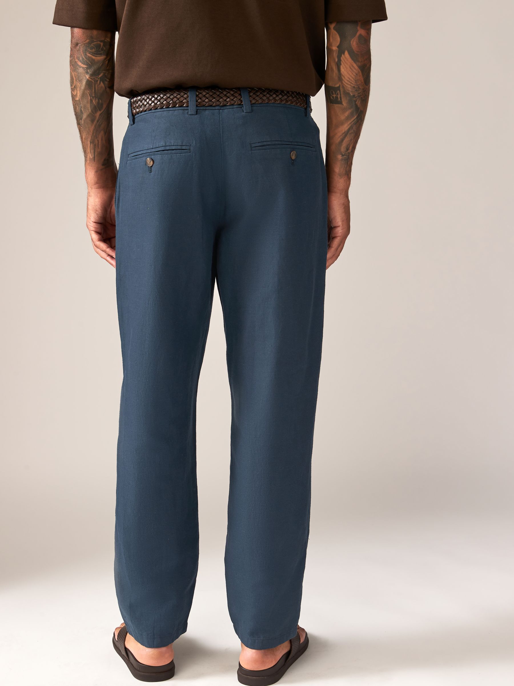 Donkerblauw - Regular fit linnen-katoenmix broek met ceintuur
