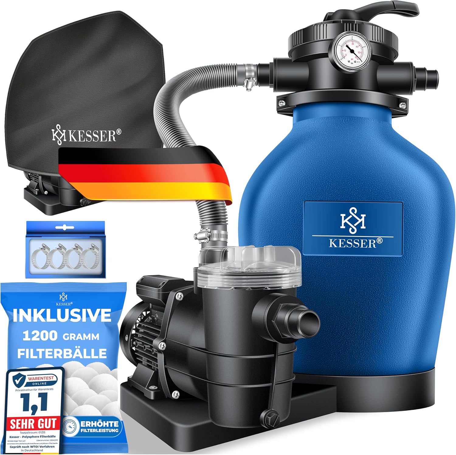 KESSER® Sandfilteranlage mit Pumpe & 1200g Filterbälle | Poolfilter 600W | Sandfilter für Pool 13200L/h Durchfluss | Tankvolumen bis 30kg Sand | 7-Wege Ventil mit Druckmanometer, Abdeckung & Zubehör