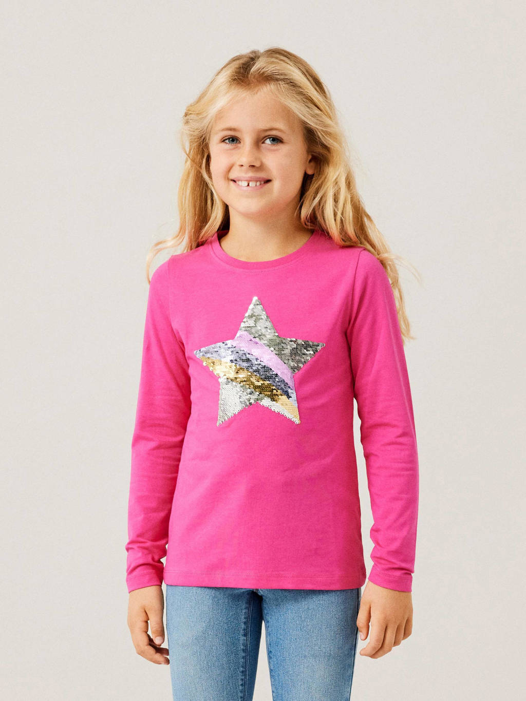 NAME IT longsleeve NKFBISTAR - set van 2 met pailletten fuchsia/grijs melange