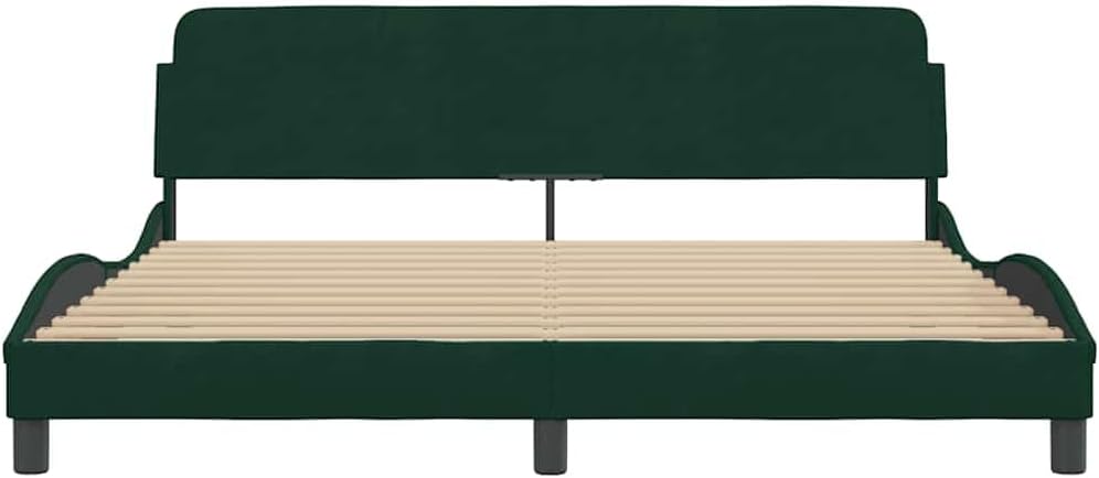 Dover Dark Green Velvet Queen Bed Frame, 180x200 cm, Metal & Solid Pine Wood Platform with Headboard, Sturdy Slats for Mattress Support, Elegant Wavy Design for Bedroom