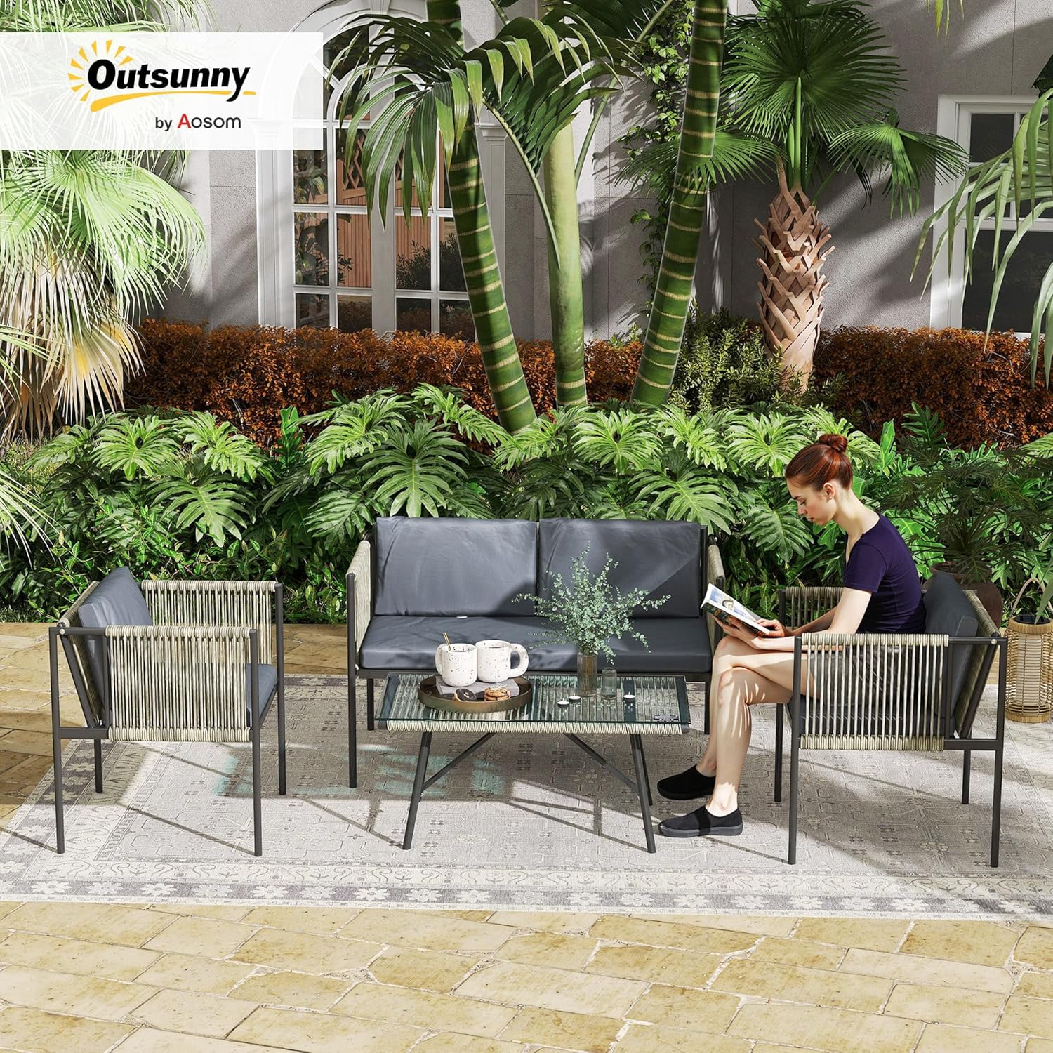 Outsunny Gartenmöbel Set aus Polyrattan Lounge-Set mit 2er Sofa Sessel Glastisch Kissen wetterfest Balkonmöbel für 4 Personen Outdoor Sitzgruppe Terrassenmöbel für Garten Balkon Grau