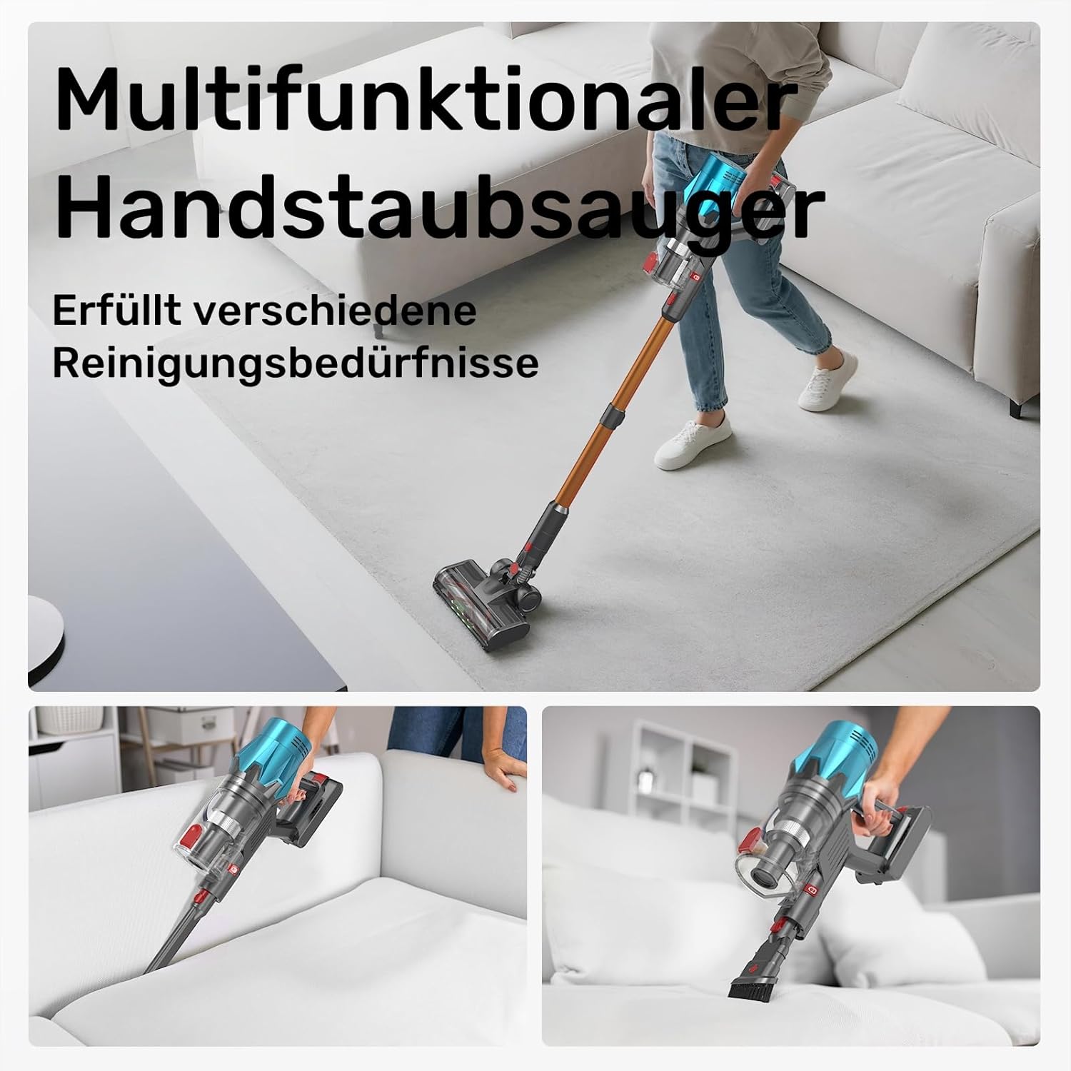 Ultra-starker Akku-Staubsauger mit automatischer Stauberkennung/Bis zu 40 Minuten Laufzeit/Beutelloser Staubsauger für Teppiche, Hartböden & Tierhaare Blau -550W