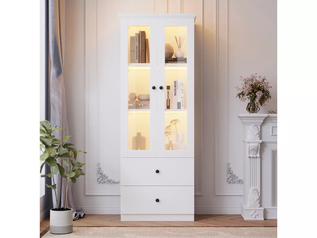 Vitrine avec 2 portes et 2 tiroirs - 60 x 36 x 165 cm - LEDs - Etagères réglables - Panneau de particules + MDF - Blanc