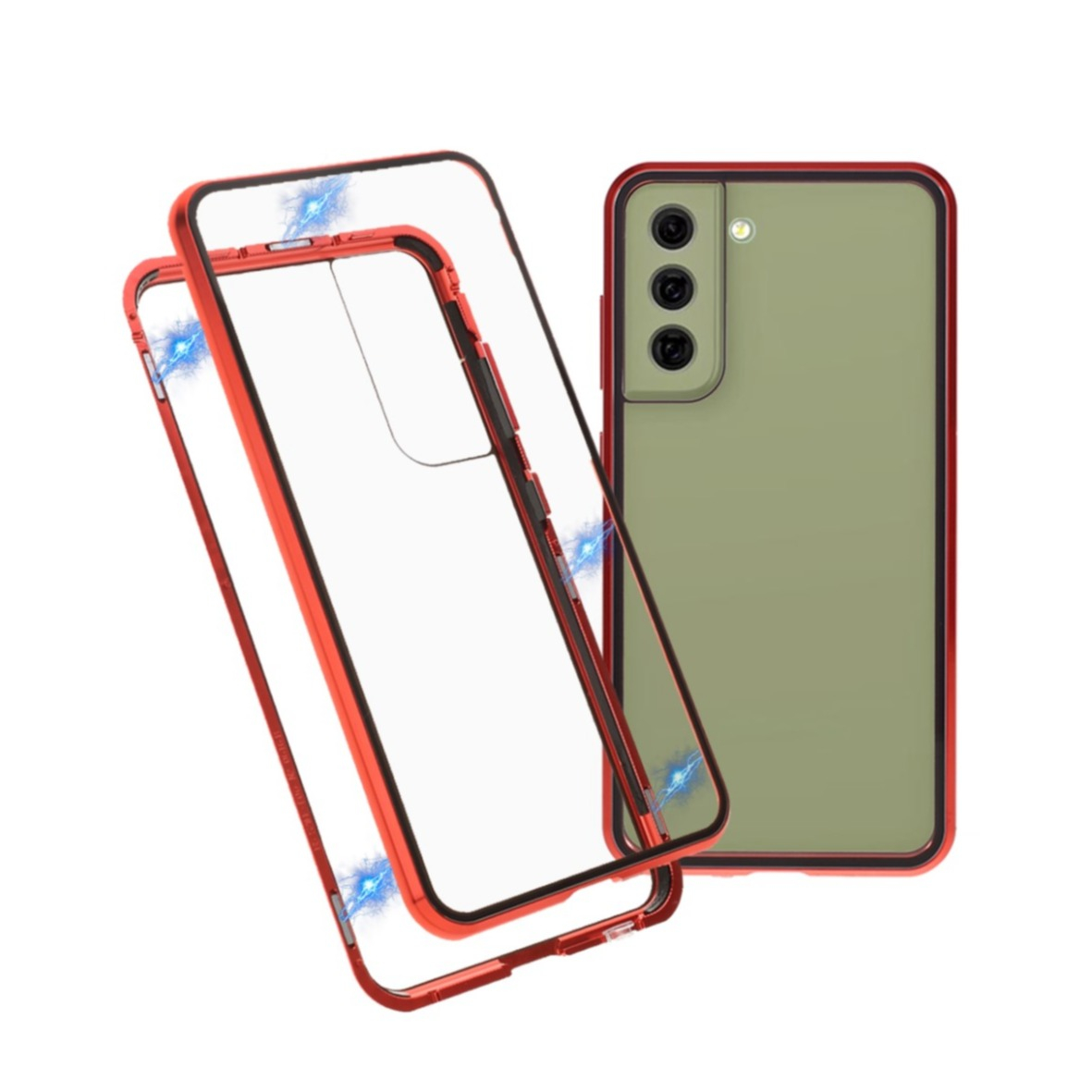 Samsung Galaxy S21 FE 5G Magnetische Alu Schutzhülle mit Panzer Glas Backcover   Displayschutz (Magnet-Technologie) - Rot