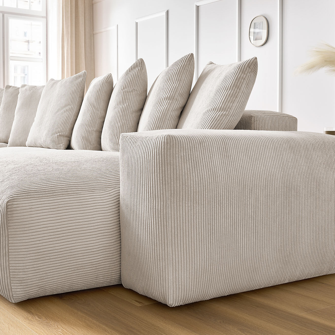 Bobochic Canapé panoramique fixe ultra moelleux voltaire velours côtelé beige - 420x174x75 cm