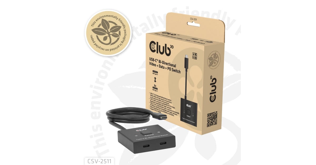 Club 3DUSB-C Bi-Directional Video + Data + PD Switch usb-switch  (Zwart)