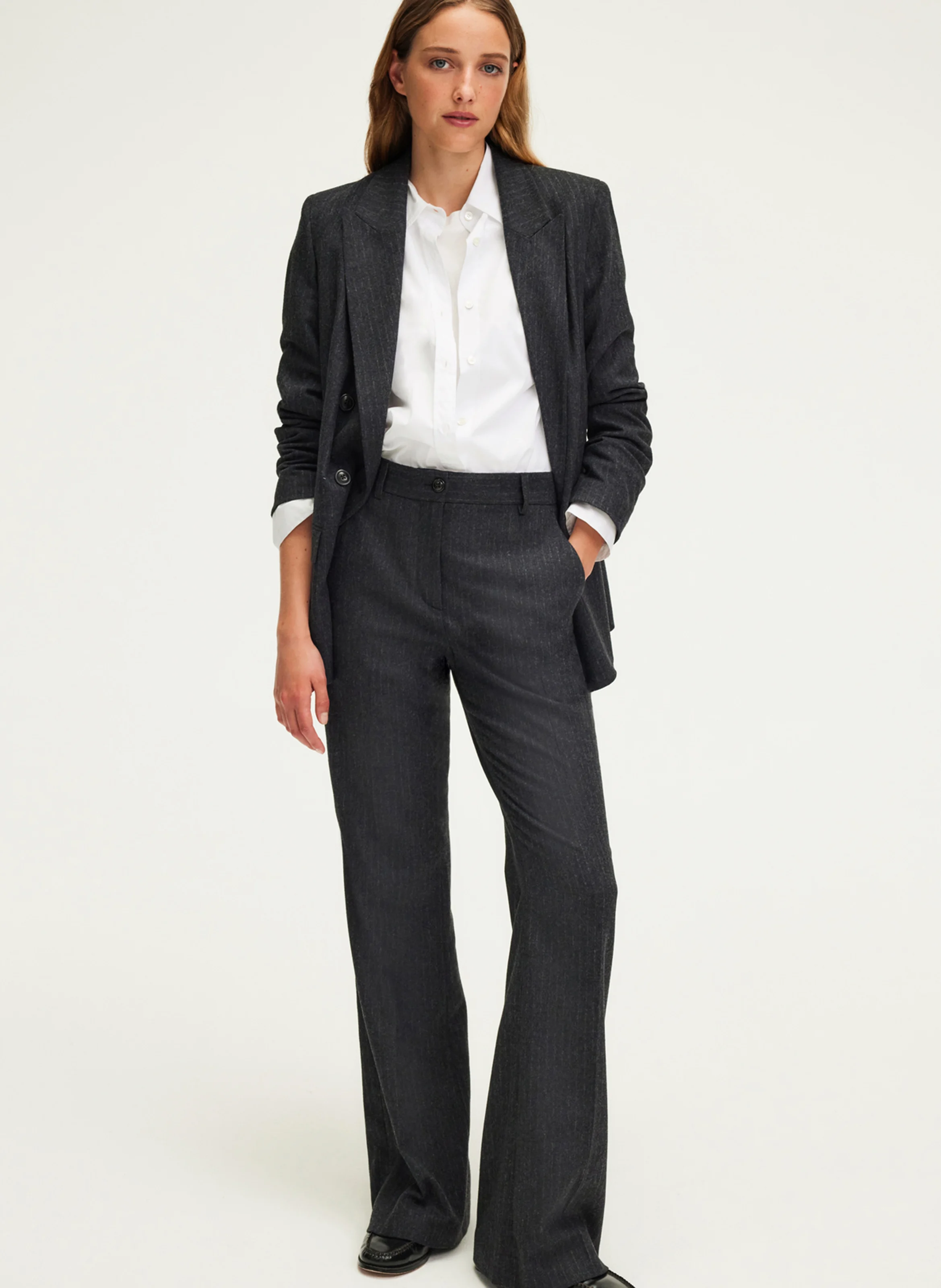 NATAELLE - Pantalon large rayé en laine mélangée | Gris