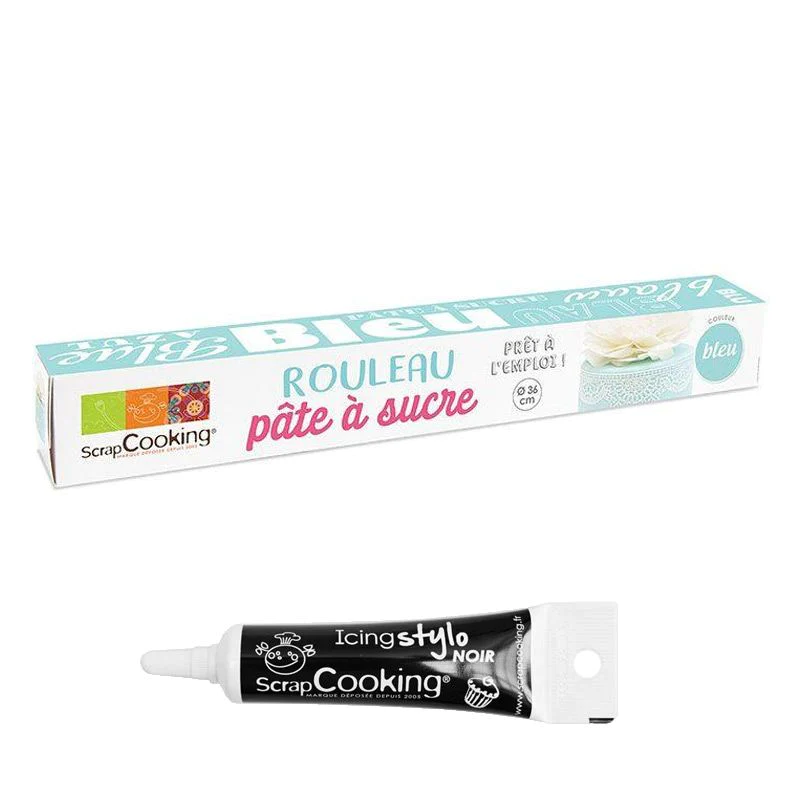 Rouleau de pâte à sucre bleu 430 g + Stylo de glaçage noir Scrapcookin