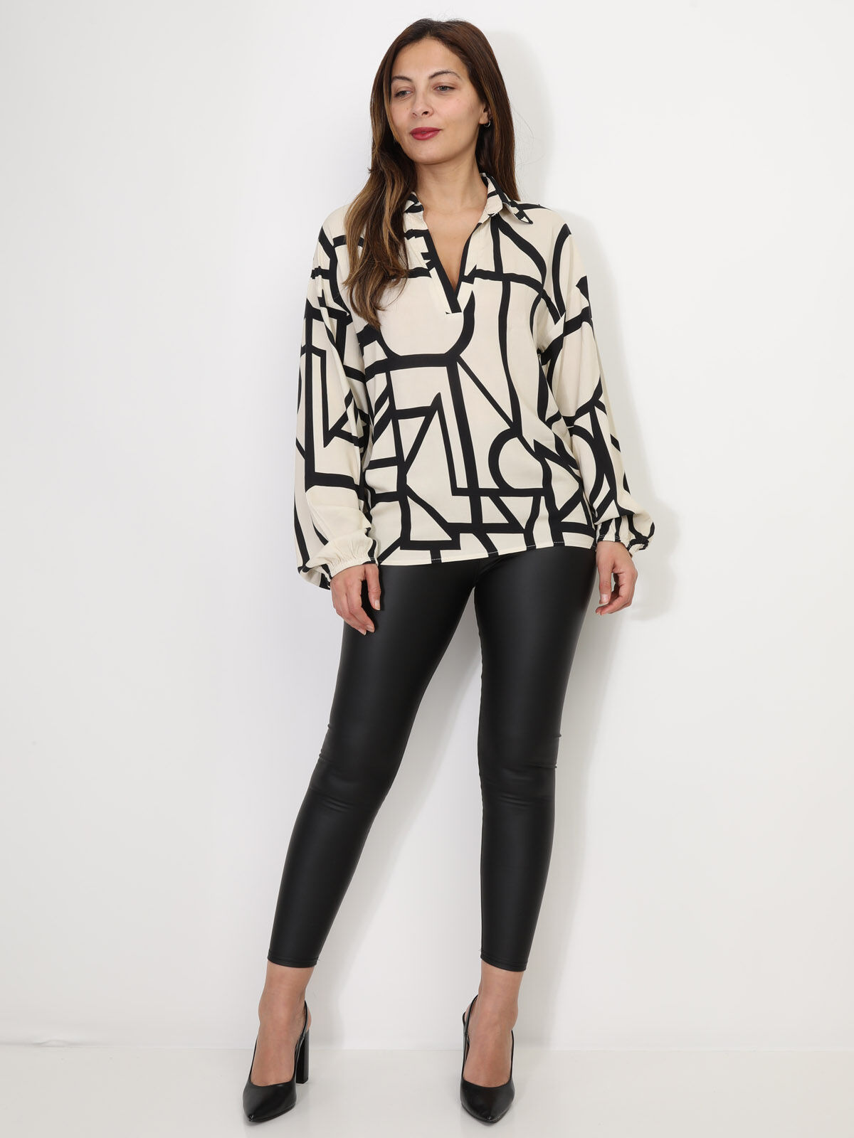Blouse à motif géométrique- Beige
