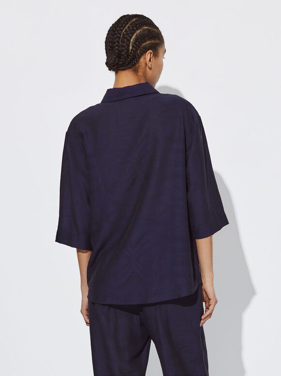 Camisa jacquard de manga curta - Azul marinho