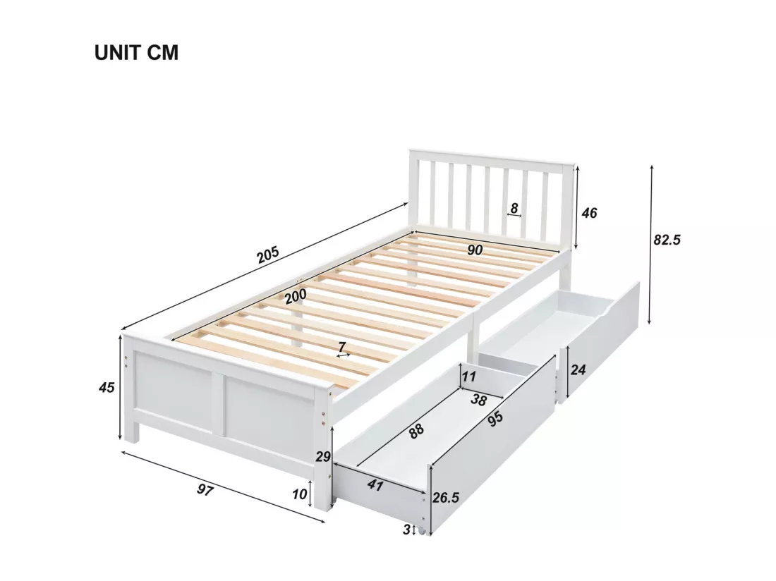 Lit simple en bois 90 x 200 cm pour jeune et adulte. avec tiroirs. structure en Pin. Blanc