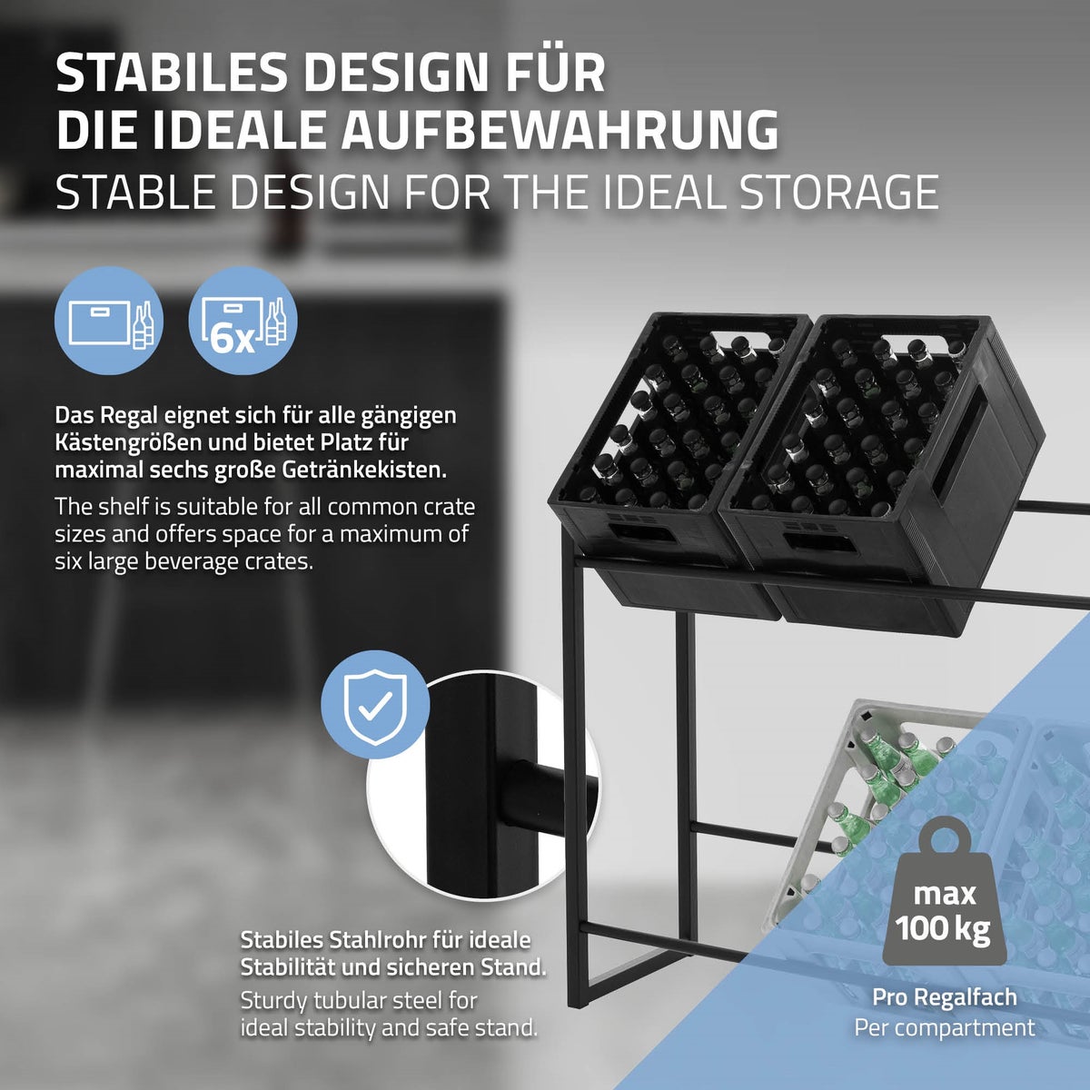 ML-Design Drankkrattenrek, 6-8 kratten, 104x32x82,5 cm, staal, vrijstaand, staand rek voor drankkratten, drankenrek, krattenrek, bierkrattenrek, drankkrattenstandaard, krattenstandaard