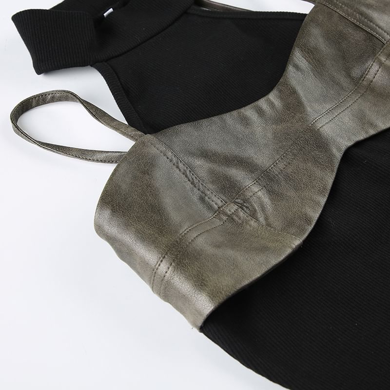 BrickBlack - Spaghettibandjes, hoge hals, nep-tweedelige crop top van imitatieleer