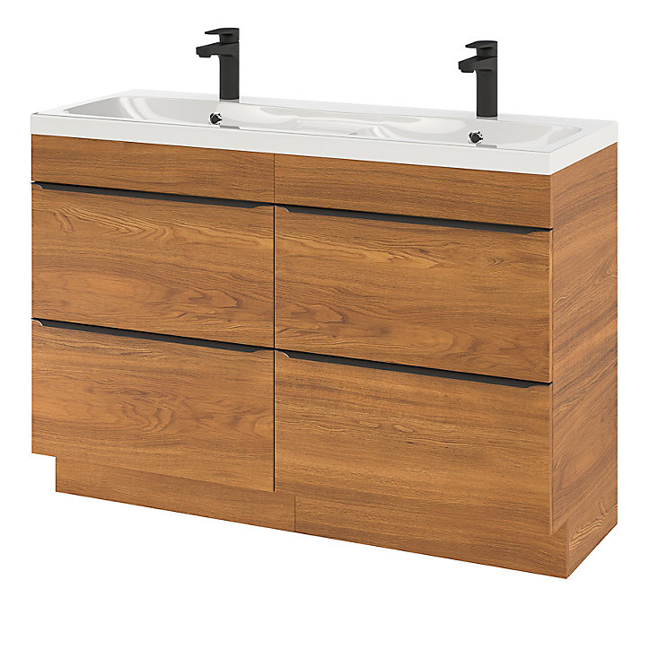Ensemble salle de bains l.120 cm meuble à poser Imandra décor chêne foncé + plan vasque résine blanc