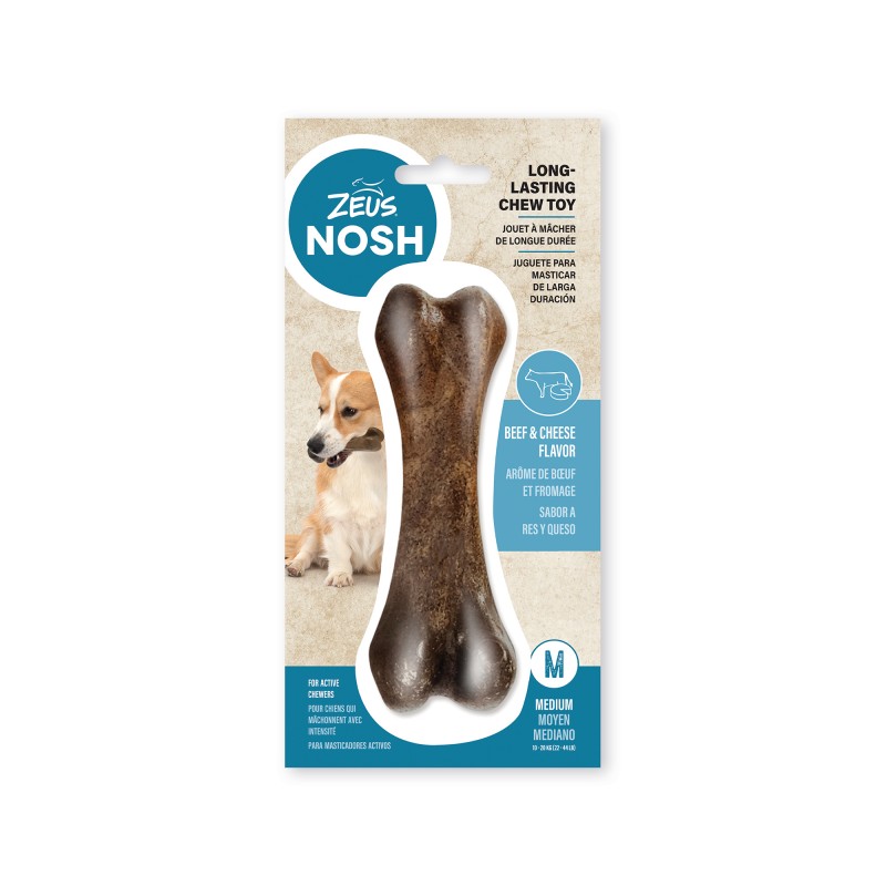 Brinquedo para mastigar Zeus Nosh Strong para cães, em formato de osso, com recheio de carne e queijo, 11 cm