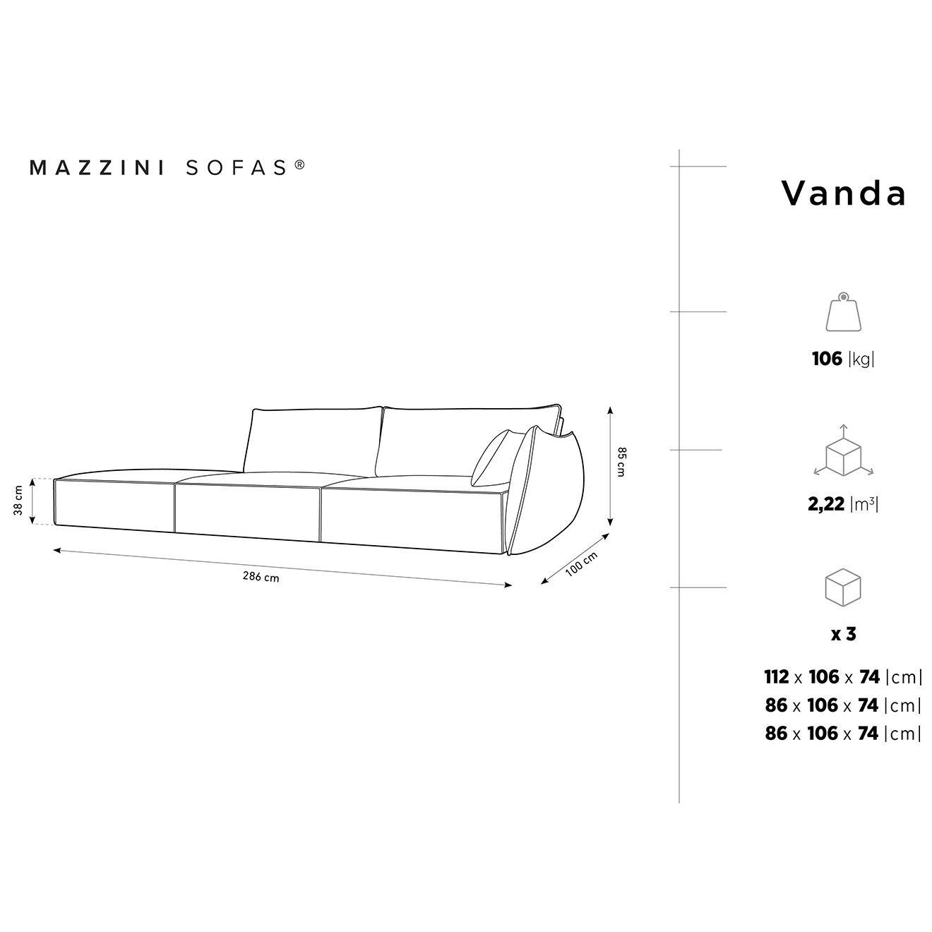 Mazzini Sofas Canapé droit  Vanda 4 Places bleu roi - 286x100x85 cm