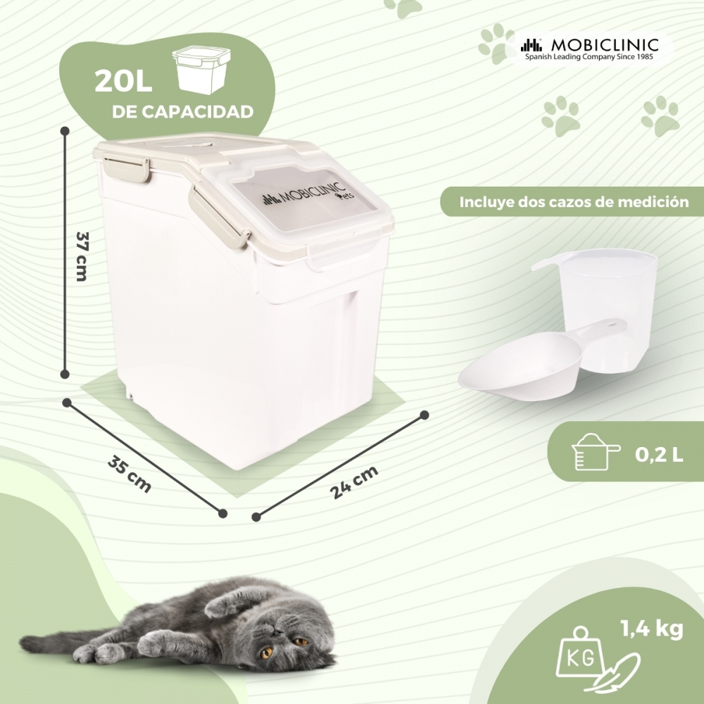 Recipiente para ração de animais de estimação | Branco | 20 litros | Vedação hermética | Com rodas | Inclui pá e copo medidor | FeedPet | Mobiclinic