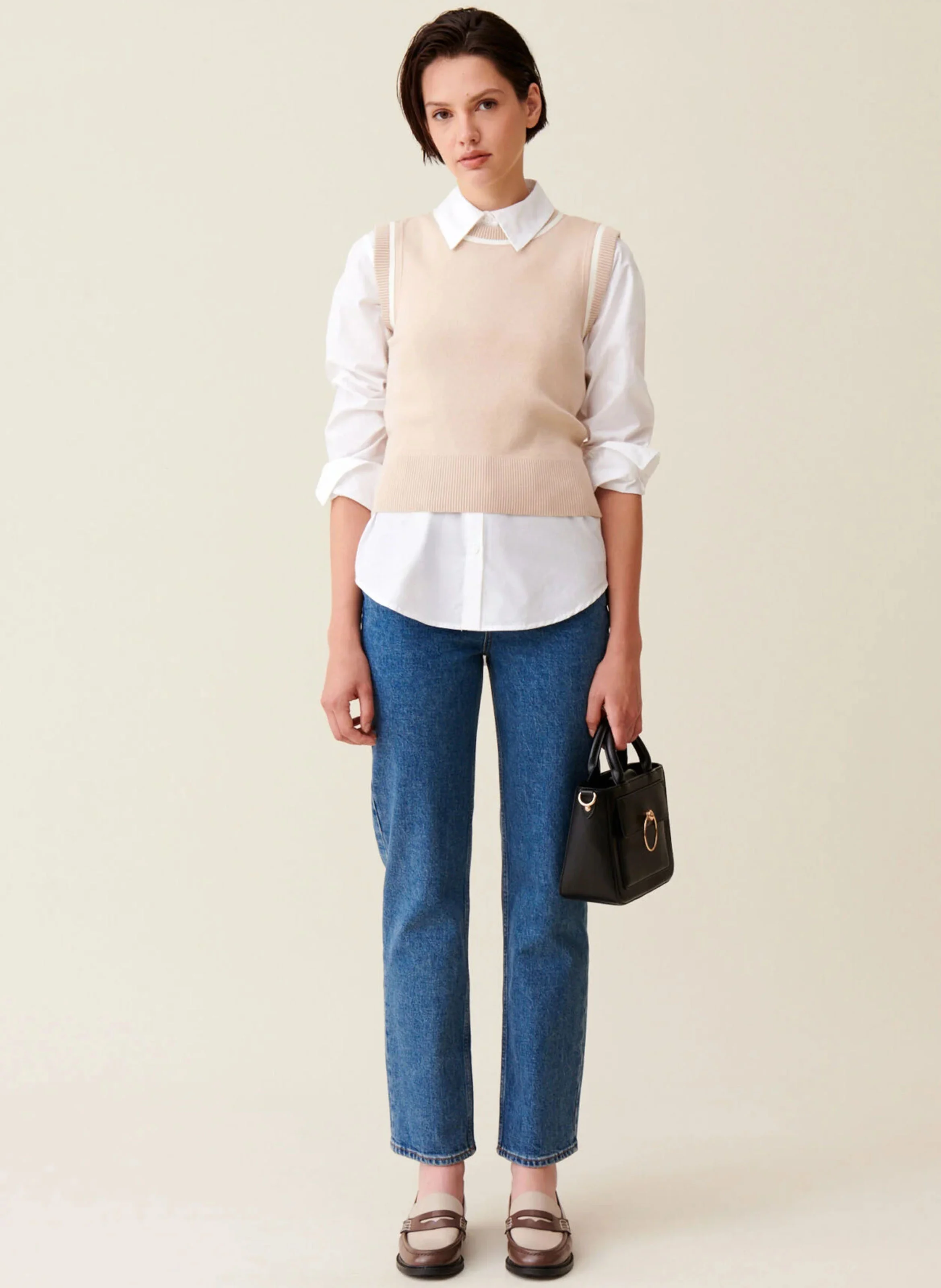 Pull col rond en maille| Beige