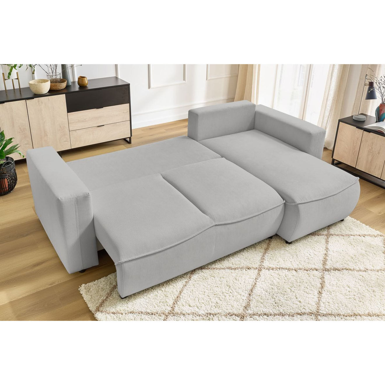 Bobochic Canapé d'angle droit convertible coffre jasmin velours côtelé gris clair - 256x158x90 cm