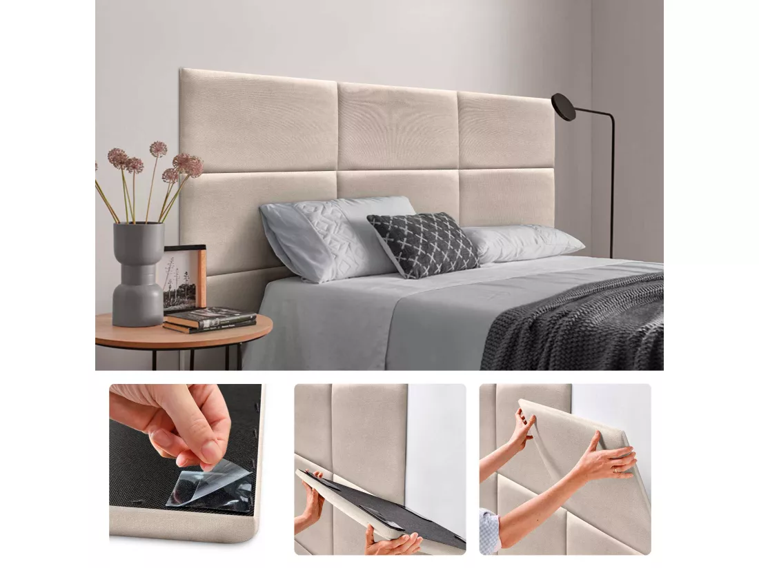 DHOME Lot de 6 Panneaux Rembourrés en Tissu Aqualine Autocollants pour Mur Acoustiques Absorbants Protection contre les Chocs (Beige, 50x40cm, x6)