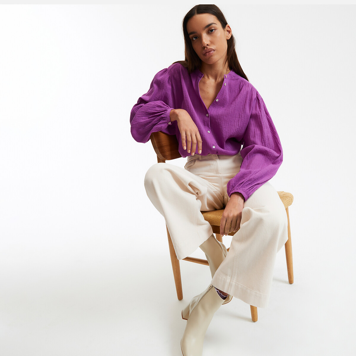 COLEÇÕES LA REDOUTE<br>Camisa oversized com gola mao, assinatura LISE