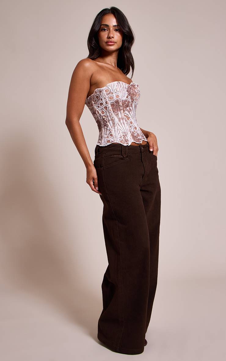 Chocolat Corset En Dentelle Florale Transparente Texturée Petite Taille