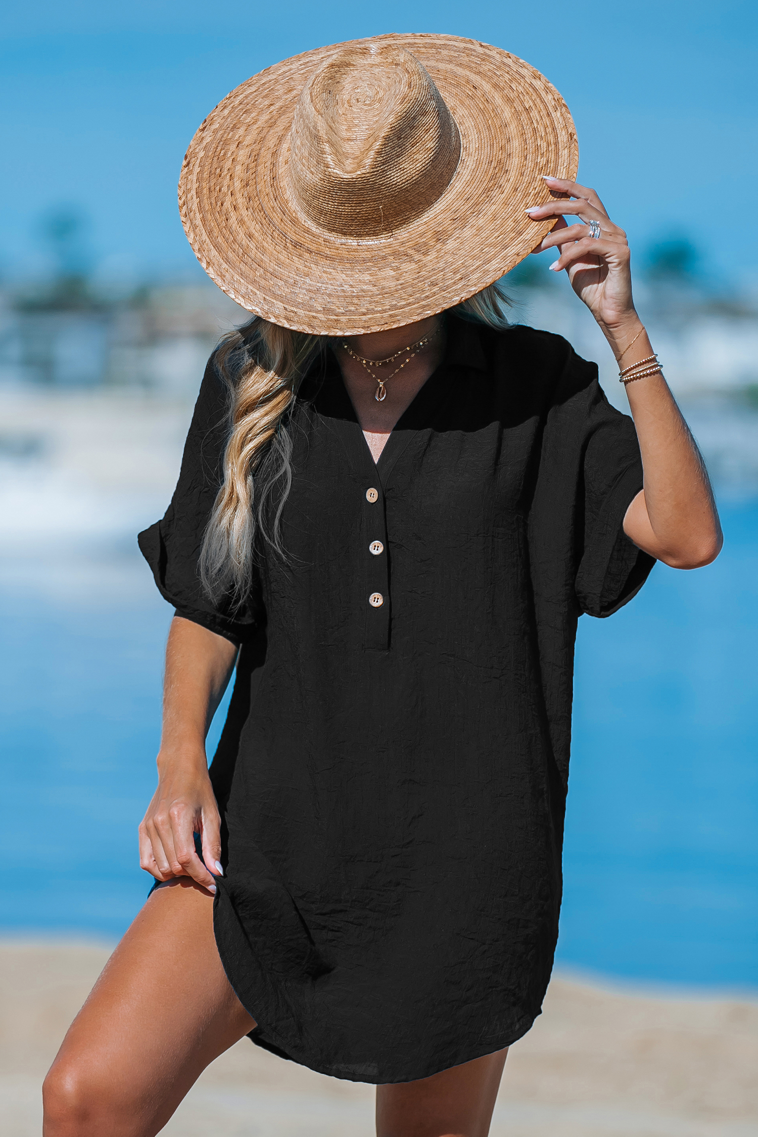 Robe chemise cover up mini à col V noire