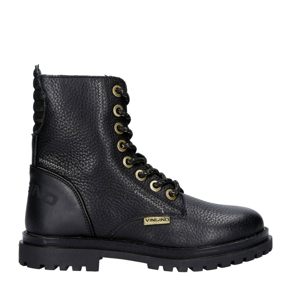 Vingino leren veterboots zwart