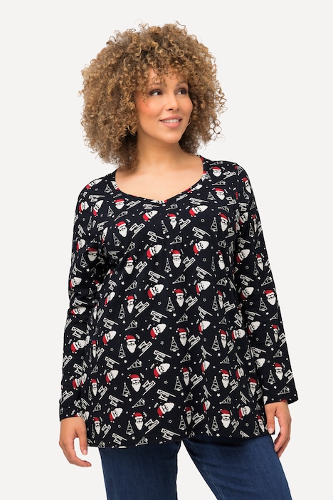Shirt, Weihnachtsmuster, A-Linie, Herzausschnitt, Langarm