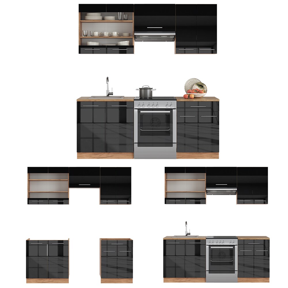 Vicco Küchenzeile Küchenblock Einbauküche Fame-Line Eiche Anthrazit 200 cm modern Küchen Schränke Schubunterschrank Spülenunterschrank Hängeschrank Hängeglasschrank Hochglanz