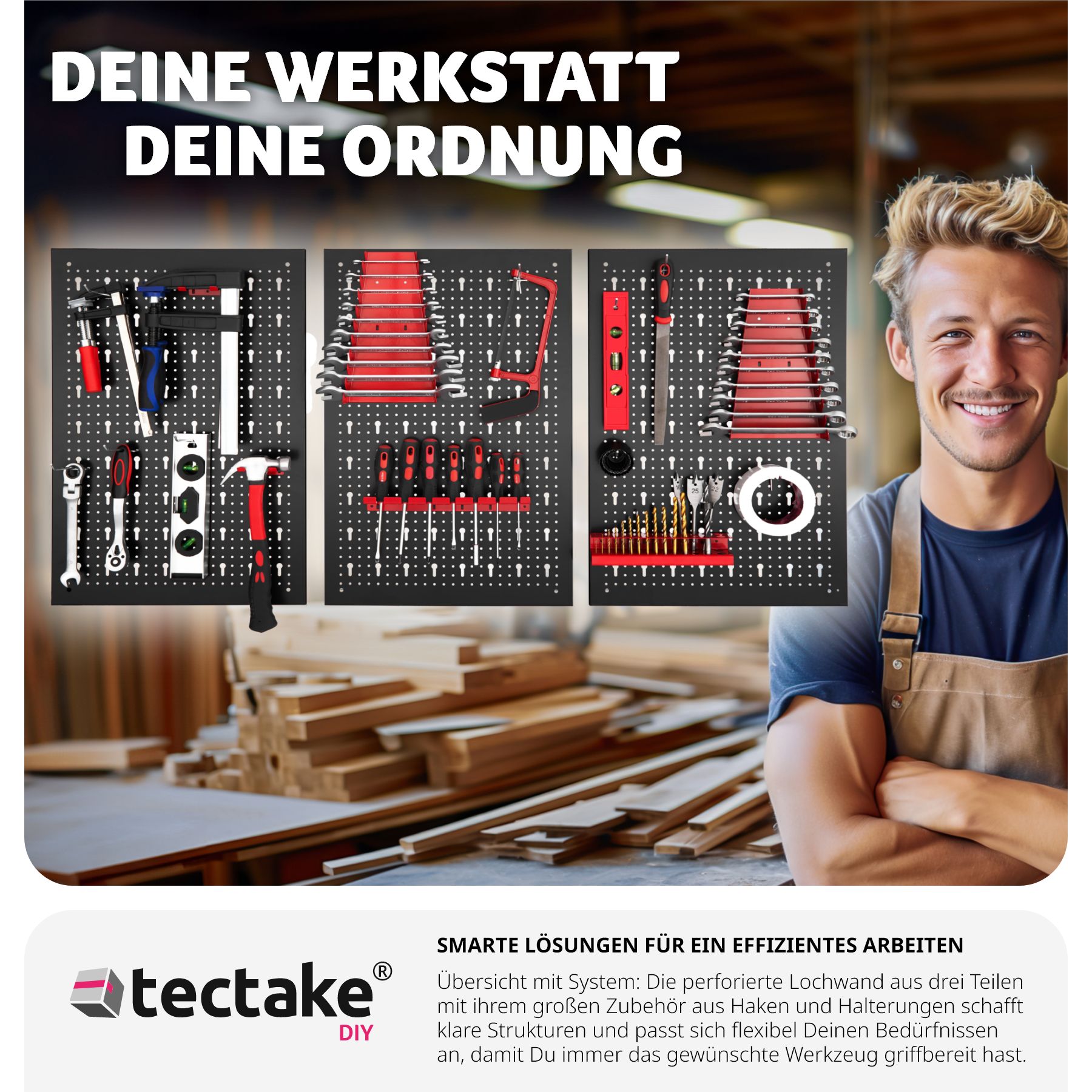 tectake® Werkzeuglochwand, dreiteilig, aus Stahl, einfache Montage, 120 x 3 x 60 cm