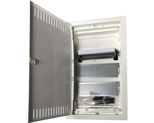 Hager VH36NW Volta Multimedia IP30 kunststof hollewanddoos, 3-rijig, met gesleufde stalen deur, BxHxD 305x515x96 mm, grijs