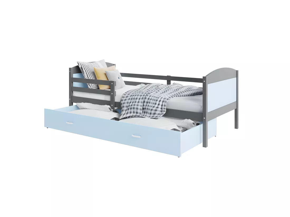 Lit Gigogne Mateo 90x190 Gris - bleu Livré avec sommiers, tiroir et matelas en mousse de 7cm