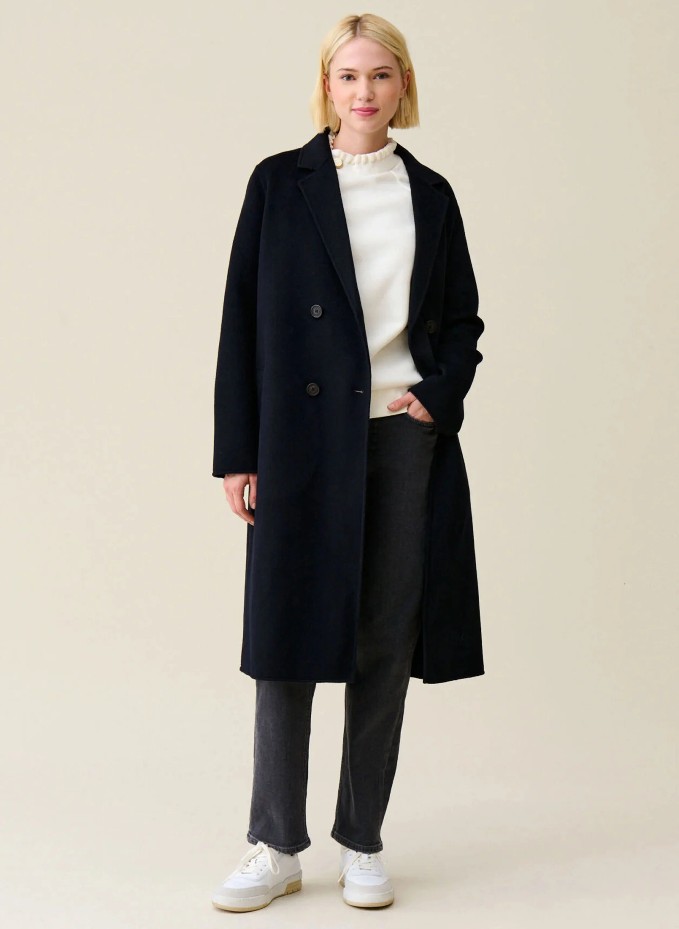 Manteau col tailleur en laine mélangée| Bleu