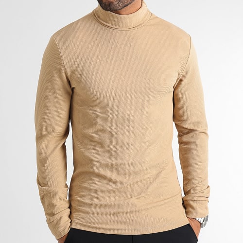 Pull Col Roulé Texturé Waffle 0537 Beige Foncé