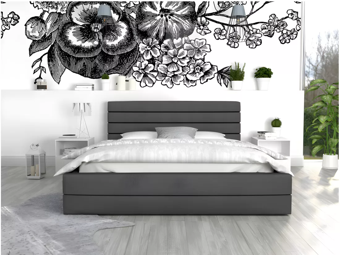 LIT COFFRE VIRGINIA 140x190 - Sommier inclus Gris foncé